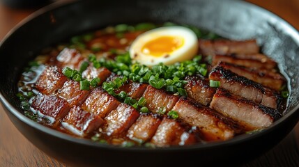 A Japanese ramen bowl featuring a flavorful broth, a soft-boiled egg, and tender pork slices.