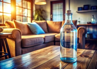 Double Exposure Cozy Living Room: Blue Cap Bottle on Wood