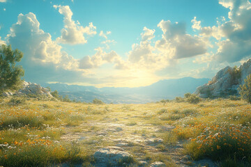 Serene Mountain Meadow Path Sunlit Landscape