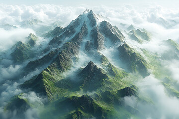 Majestic snowcapped mountain range shrouded in mist