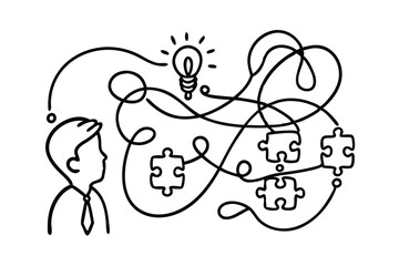 Thinking solving problems finding solutions picture abstract Hand Drawn Continuous Line art flat vector illustration.