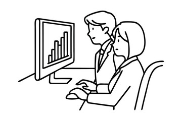 Two young serious male and female worker watching sales chart on computer screen. Sales growth business concept Hand Drawn Continuous Line art flat vector illustration.