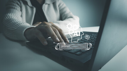 AI technology, Artificial Intelligence, Chatbot Chat and talk with AI, Using laptop for search and find data by command prompt, robot learning machine create or generate picture or article auto
