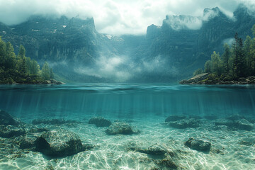Mountain Lake Scene With Underwater View