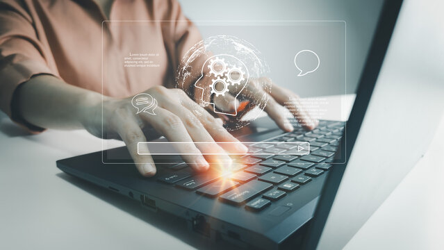 AI technology, Artificial Intelligence, Chatbot Chat and talk with AI, Using laptop for search and find data by command prompt, robot learning machine create or generate picture or article auto