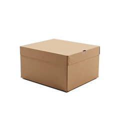 Brown cardboard box with lid on transparent background