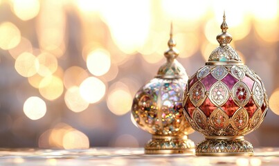 Ornate lanterns glow against a blurred bokeh background, ideal for festive celebrations
