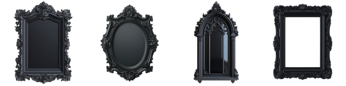 Elegant Ornate Black Baroque style Vintage Frames Hanging on Dark Gothic Interior Wall  Decorative Antique Mirrors and Wall Decor in Luxury Mansion or Castle
