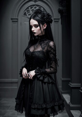 Thin gothic woman in a dark dress with lace sleeves and pale makeup