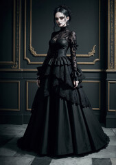 portrait of a woman in a dress in gothic style with gilded walls behind her