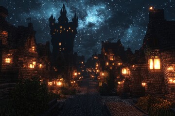 nighttime fantasy city, where shadowy figures wander through narrow streets, all eyes drawn to a towering black castle rising ominously in the background