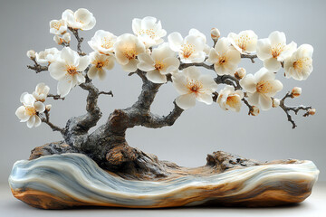 Fototapeta premium Delicate White Blossoms Adorn Carved Wooden Bonsai Tree