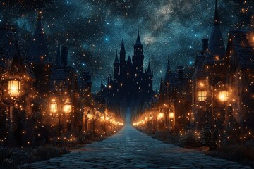 nighttime fantasy city, where shadowy figures wander through narrow streets, all eyes drawn to a towering black castle rising ominously in the background