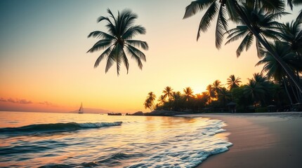 Fototapeta premium Tropical sunset on the beach with palm trees and ocean views