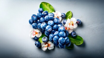 Juicy blueberries nestled amongst delicate blossoms create a vibrant summer still life. AI Generated