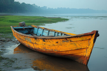 Obraz premium Weathered Wooden Boat by Tranquil Waters
