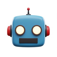 A 3D illustration of a cute blue robot face with glowing circular eyes red side attachments and an antenna on top isolated on a white background