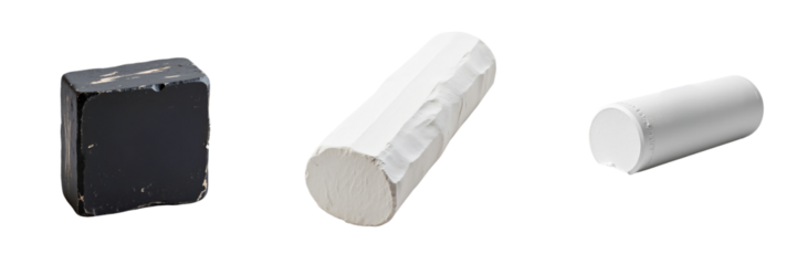 Black Cubic Chalk and White Cylindrical Chunks Displayed