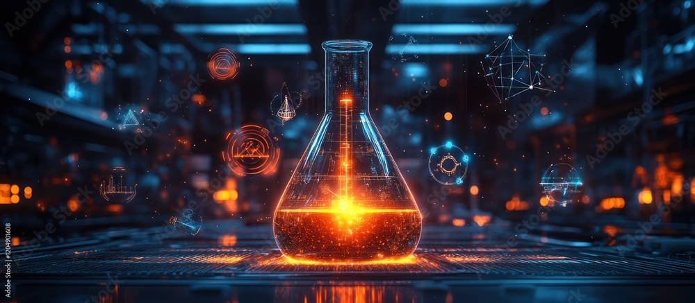 Poster glowing liquid in erlenmeyer flask in futuristic lab. (1)