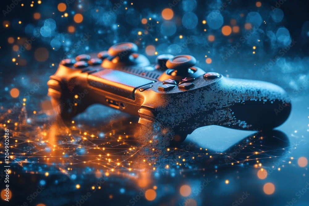 Poster vibrant double exposure art of a gaming controller with sparkling lights and patterns for creative d