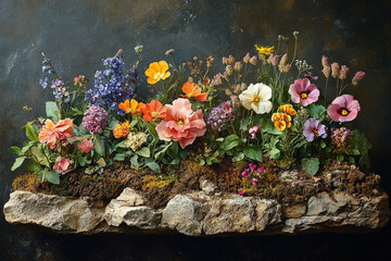 Vibrant Wildflowers Arranged in a Stone Trough