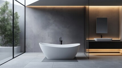 Modern Minimalist Bathroom with Freestanding Tub and Elegant Concrete Wall