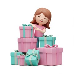 A 3D illustration of a cheerful girl leaning on a pile of colorful gift boxes with pastel pink and teal wrapping and ribbons isolated on a white background