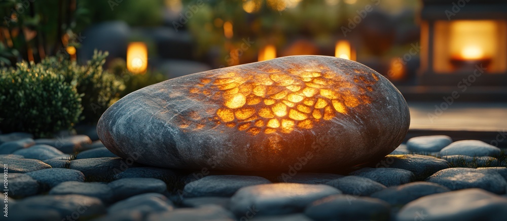 Poster illuminated stone with carved pattern glows in a serene garden setting at dusk.