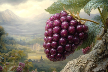 Fototapeta premium Lush Purple Berries Against Serene Mountain Landscape