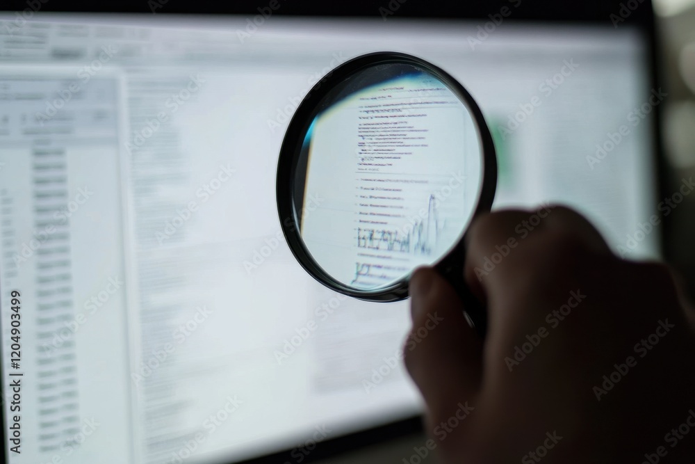 Poster a person examines a computer screen closely using a magnifying glass for detailed analysis. a person