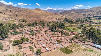 Aerial view Andean village, valley, mountains, Peru, travel