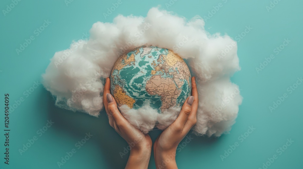 Poster Hands Holding Globe Surrounded by Clouds on a Turquoise Background in Soft Light