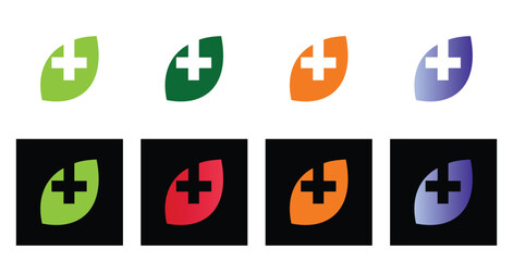 Leaf and medical cross icon set for healthcare, pharmacy, and natural wellness branding