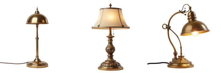 Elegant Vintage Brass Desk Lamps Displayed with Unique Shades