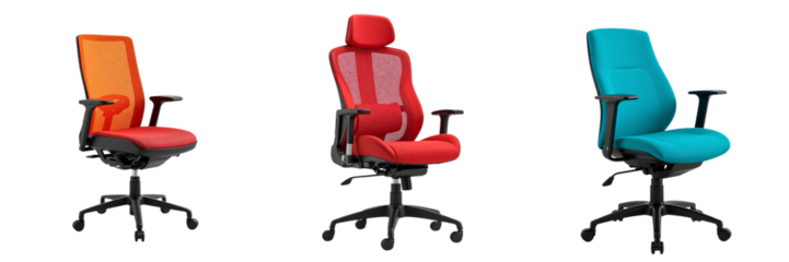 Ergonomic Office Chairs Displayed in Orange, Red, and Teal Colors
