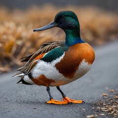 Obraz premium Close up of a mallard duck. Single male mallard standing in the meadow. Brazilian Merganser. 