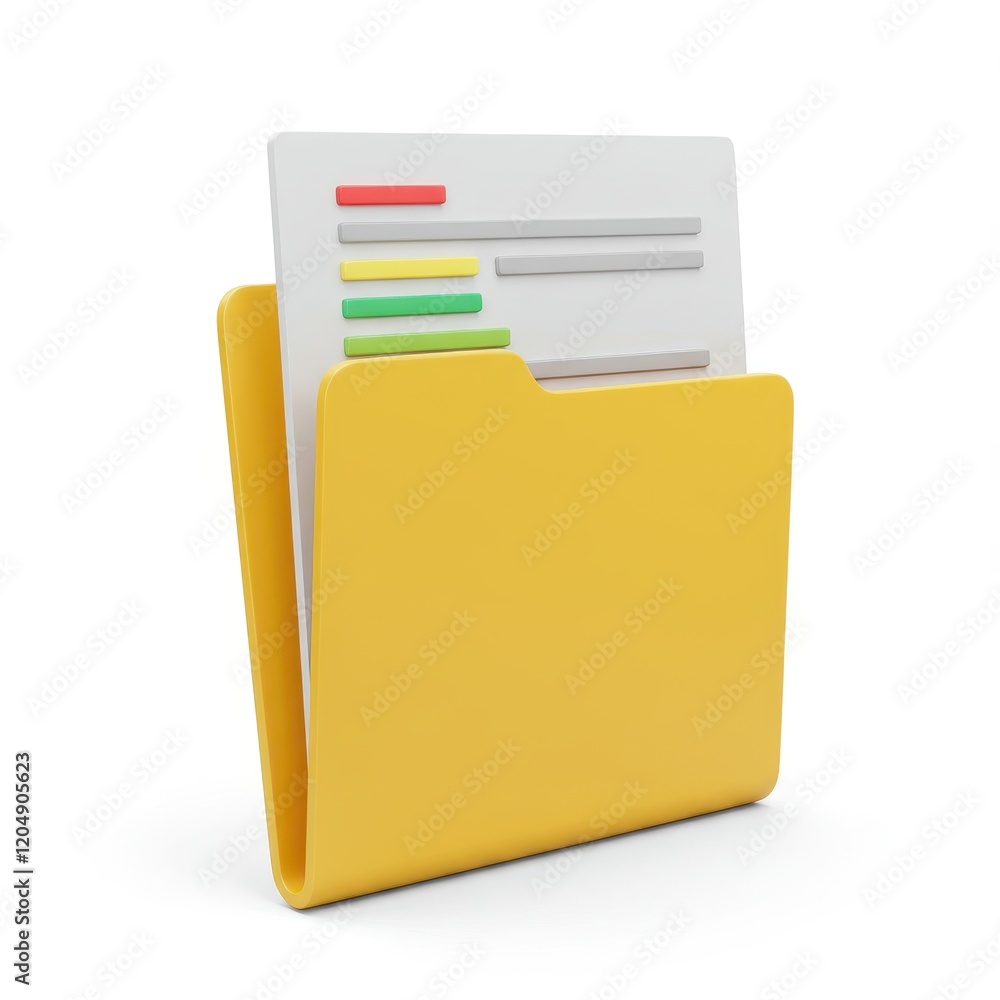 Poster a 3d illustration of a yellow folder holding a white document with colorful text lines isolated on a