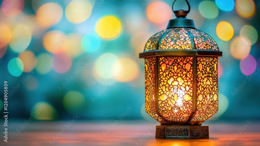 Aufkleber beautiful decorative lantern with intricate patterns and colorful bokeh background for festive atmos