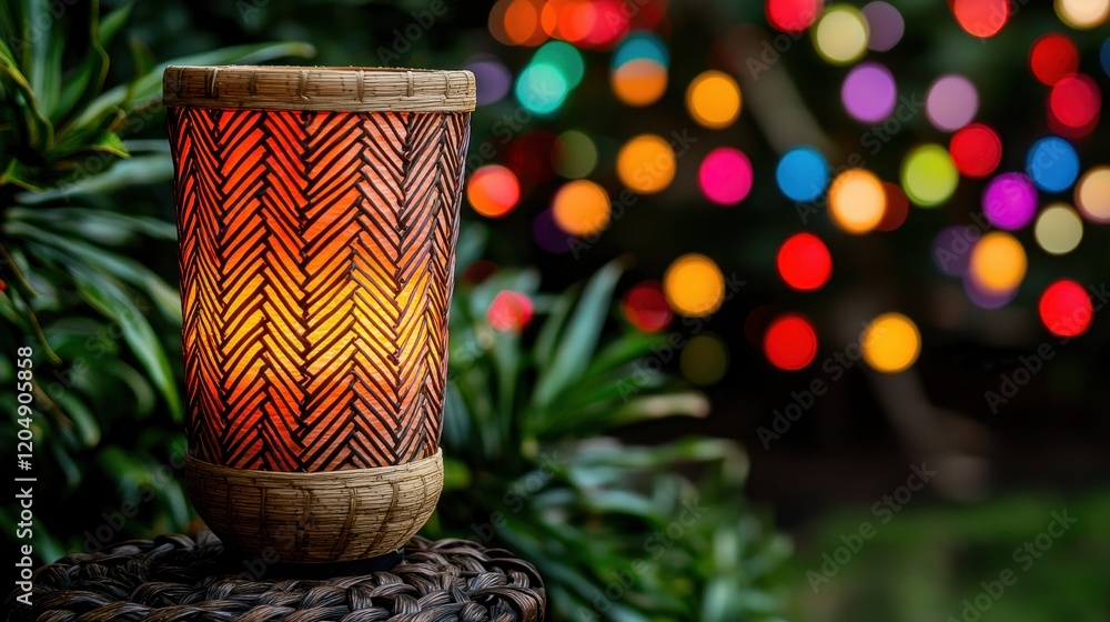 Poster warm and inviting decorative lantern with herringbone pattern against a colorful bokeh background