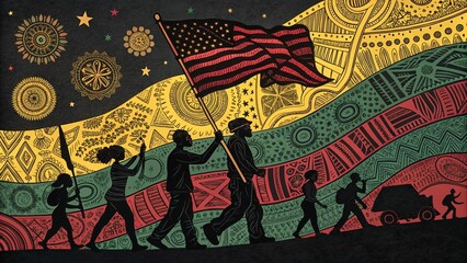 A vibrant illustration depicting a diverse group marching with an American flag, set against a colorful, patterned background symbolizing unity and cultural heritage.