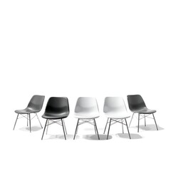 Five modern plastic chairs, black and white, arranged in a row.