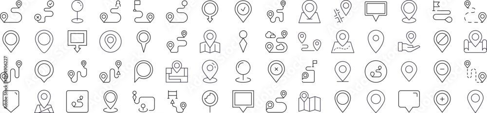 Poster set of line icons of map pin. minimalistic linear pictogram for web and graphic design, apps, banner