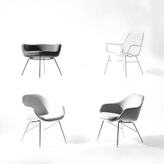 Four modern chairs, various designs and colors.