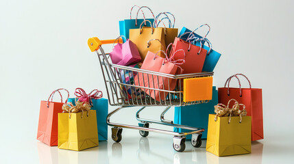 A shopping cart filled with colorful shopping bags and wrapped gift boxes