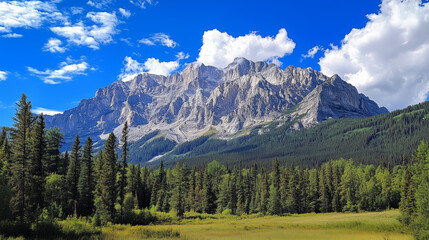 A rocky mountain range, dense forest, and blue sky with clouds