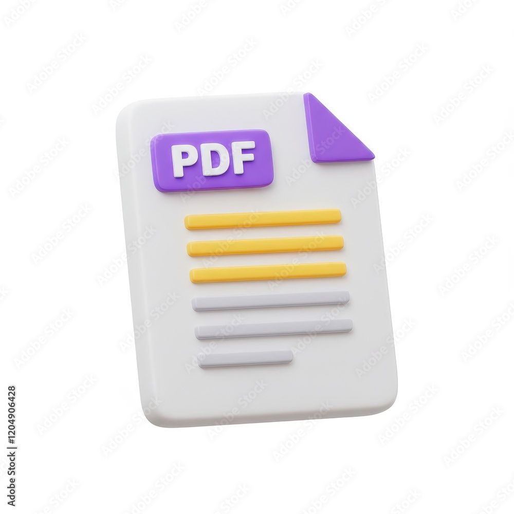 Poster a 3d illustration of a white document with a purple tab labeled pdf and yellow text lines isolated o