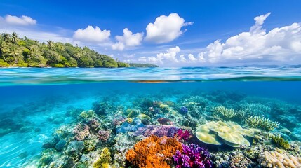 Naklejka premium Tropical island paradise with vibrant coral reef