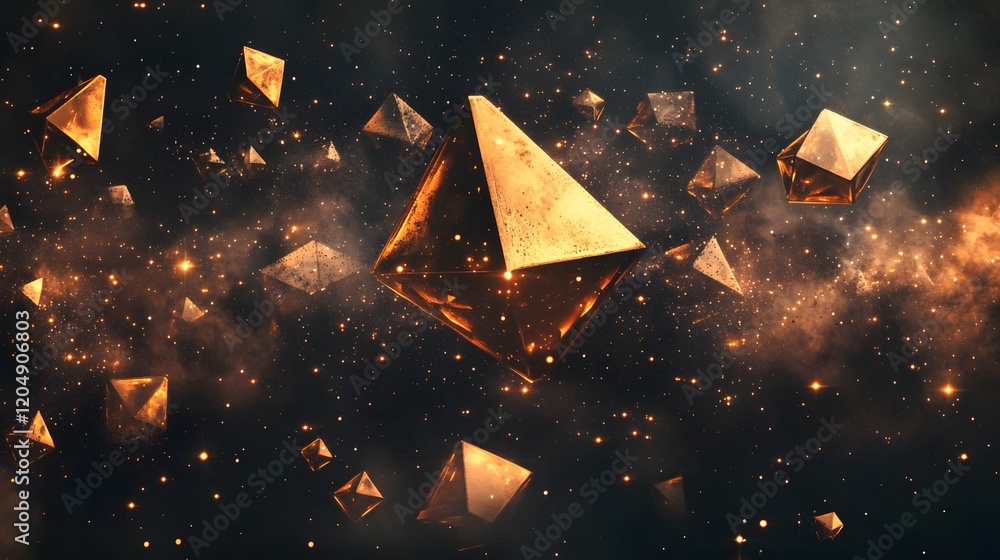 Poster floating geometric pyramids in cosmic space digital art visuals universe surreal environment abstrac