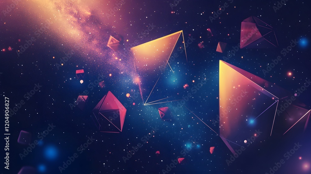 Poster dynamic cosmic exploration of floating geometric shapes in a stellar environment