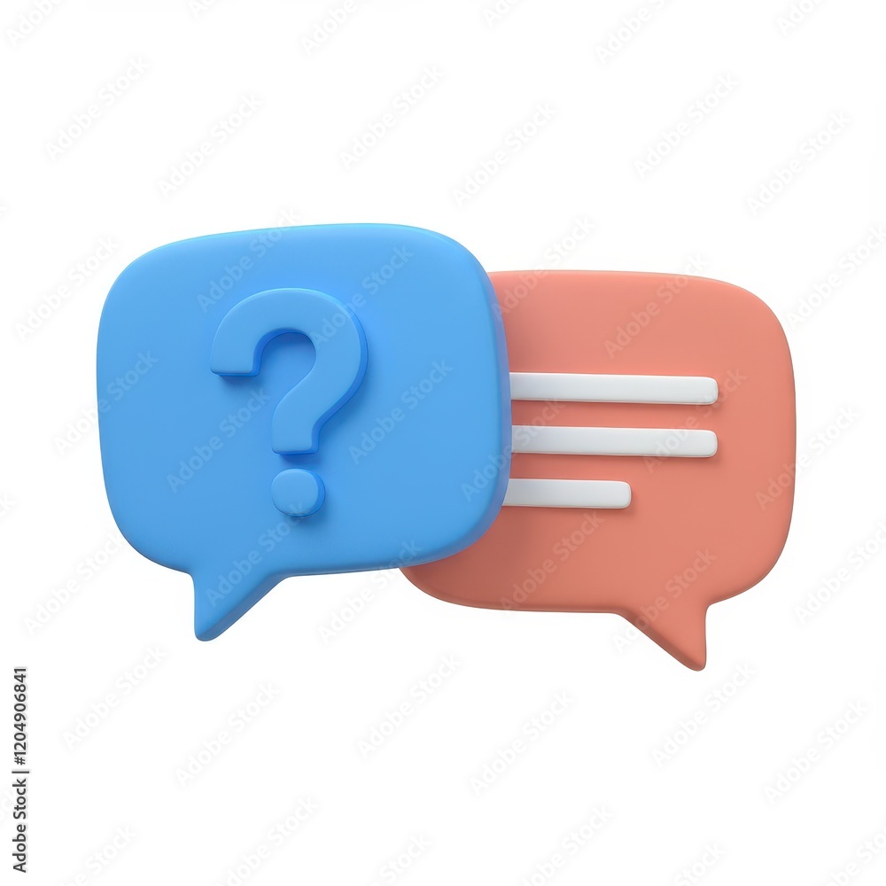 Poster a 3d illustration of two overlapping speech bubbles one with a blue question mark and the other with